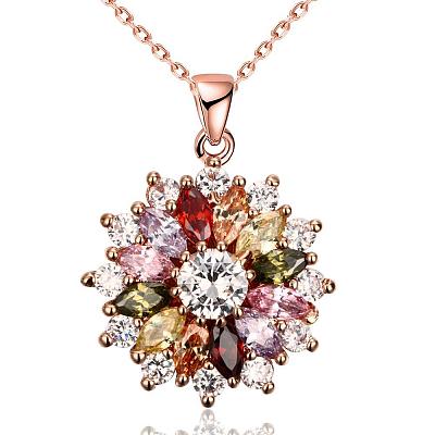 Real Rose Gold Plated Brass Cubic Zirconia Flower Pendant Necklaces NJEW-BB04540-1