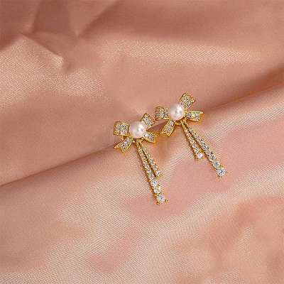 Clear Cubic Zirconia Bowknot Dangle Stud Earrings with Imitation Pearl Beaded JE1094A-1