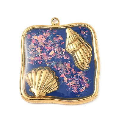 304 Stainless Steel Epoxy Resin with Natural Shell and Sequins Inside Pendants STAS-L026-17G-D04-1
