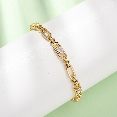 Oval & Paperclip Brass Micro Pave Cubic Zirconia Link Chain Bracelets for Women BJEW-D458-02G-02-1