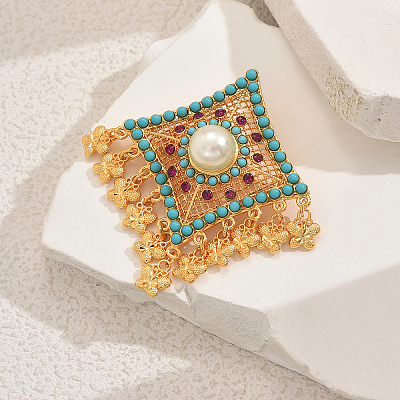 Bohemian Style Rhombus with Butterfly Alloy Plastic Pearl Brooches for Backpack Clothes TA3973-1