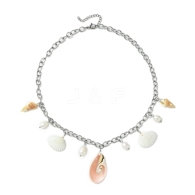 Natural Cultured Freshwater Pearl & Spiral Shell Bib Pendants X1-NJEW-TA00181-1