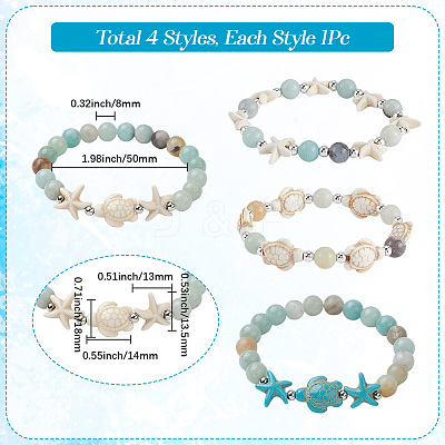 4Pcs 4 Style Dyed Synthetic Turquoise Turtle and Starfish Beaded Bracelets Sets BJEW-SC0001-52-1