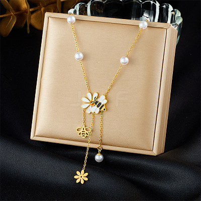 304 Stainless Steel White and Yellow Enamel with Plastic Pearl Bee Flower Tassel Pendant Necklaces for Women FS-WGCFE06-01-1
