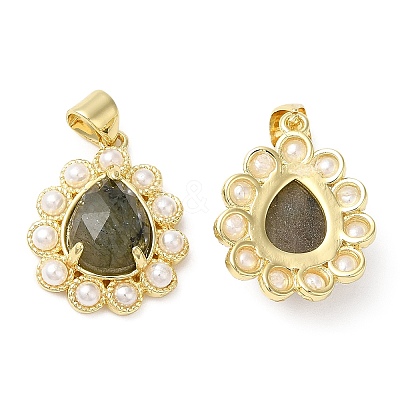 Ion Plating(IP) Natural Mixed Gemstone Teardrop with Plastic Pearl Beaded Pendant G-E599-01G-1