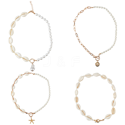 4Pcs 4 Style Natural Shell & Imitation Pearl Beaded Necklaces Set NJEW-AN0001-53-1