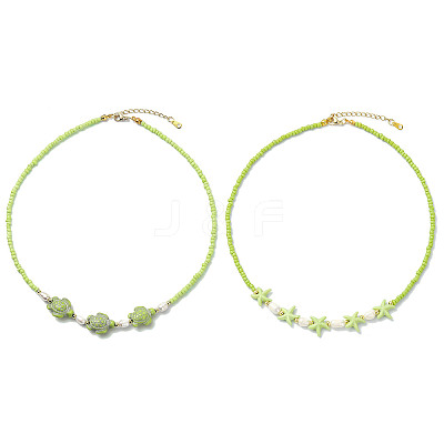 2Pcs 2 Styles Ocean Turtle Starfish Synthetic Turquoise & Natural Pearl & Glass Seed Beaded Necklaces NJEW-JN06130-03-1