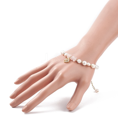 Natural Rose Quartz Chips & Pearl Beaded Bracelet BJEW-JB08236-01-1