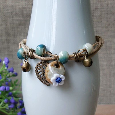 Adjustable Handmade Porcelain Flower Beads Braided Beads Bracelets WGFB2A7-06-1