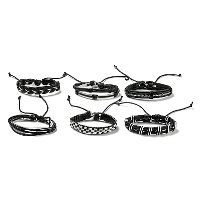 6Pcs 6 Style Adjustable Braided Imitation Leather Cord Bracelet Set with Waxed Cord for Men BJEW-F458-06-1