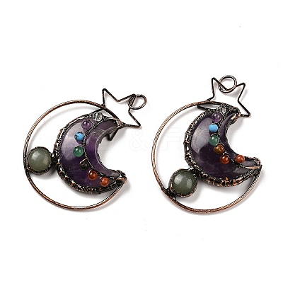 Natural Green Aventurine & Amethyst Brass Star Moon Big Pendants G-H316-01R-05-1