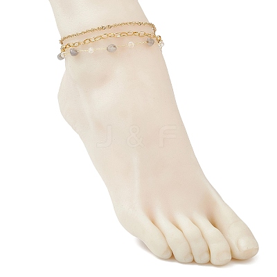 Natural Labradorite Nuggets & 304 Stainless Steel Link Chain 3 Layer Anklets for Women AJEW-AN00743-03-1