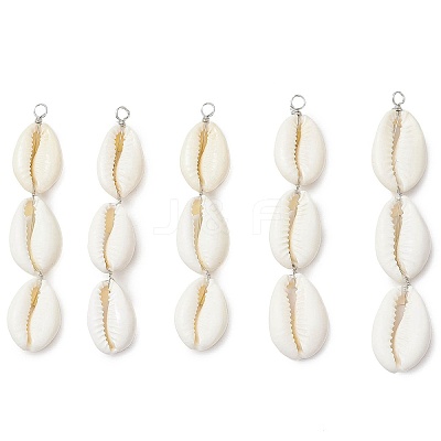 5Pcs Natural Cowrie Shell Beaded Big Pendants PALLOY-JF03807-S-1