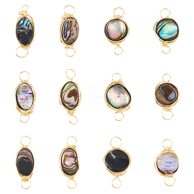 12Pcs 2 Styles Natural Abalone Shell/Paua Shell Copper Wire Wrapped Connector Charms PALLOY-AB00261-1