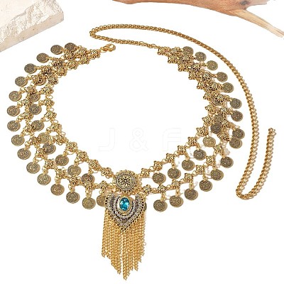 Ethnic Style Alloy Sapphire Rhinestone Heart Coin Tassel Double Layer Waist Belly Chains for Women FS-WG95DA8-01-1