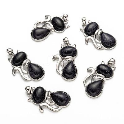 Synthetic Blue Goldstone Kitten Pendants G-P352-B03-1