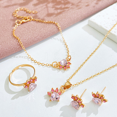 Cat Paw Print Alloy Pave Cubic Zirconia Pendant Necklaces & Stud Earring & Ring & Link Bracelets Sets for Women FS-WGC55DF-01-1