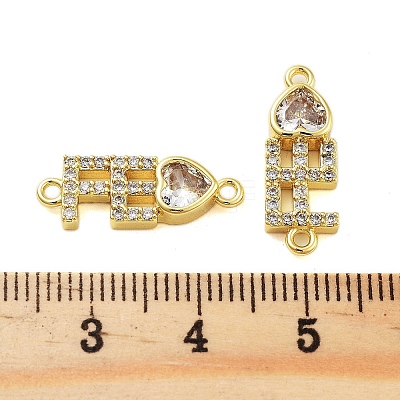 Rack Plating Brass Pave Clear Cubic Zirconia FE Heart Links Connector Charms KK-S379-24G-1