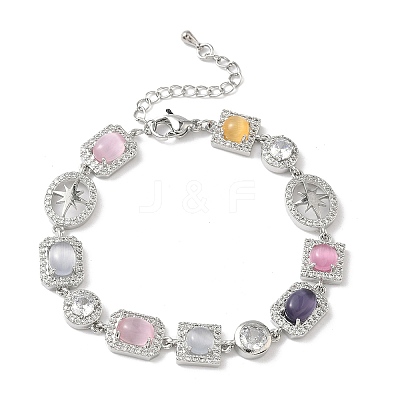 Brass Micro Pave Cubic Zirconia & Cat Eye Rectangle & Square & Oval Link Chain Bracelets for Women BJEW-G764-08P-1