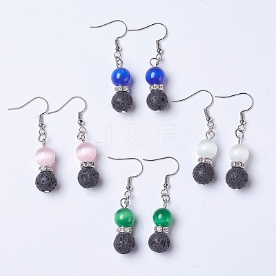 Cat Eye and Natural Lava Rock Dangle Earrings EJEW-JE03057-M-1