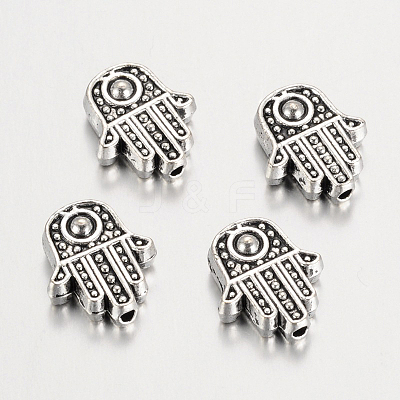 Tibetan Style Alloy Hamsa Hand/Hand of Fatima/Hand of Miriam Beads TIBEB-7722-AS-RS-1