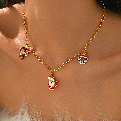 Brass Micro Pave Cubic Zirconia with Enamel Christmas Wreath Santa Claus Candy Cane Pendant Bib Necklaces for Women IP8864-1