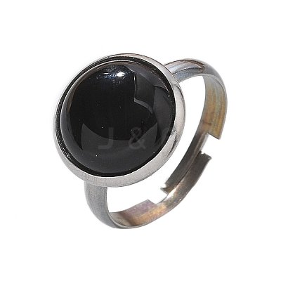 Half Round Natural Black Agate Finger Rings RJEW-M062-01P-05-1