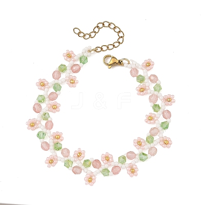 Flower Seed Bead Beaded Bracelet Sets with Cherry Quartz Glass for Women BJEW-MZ00350-02-1