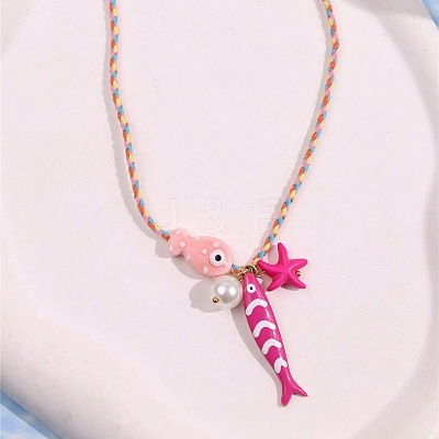 Summer Beach Porcelain & Resin Fish Starfish Pendant Cotton Cord Necklaces with Imitation Pearl WGC747D-01-1