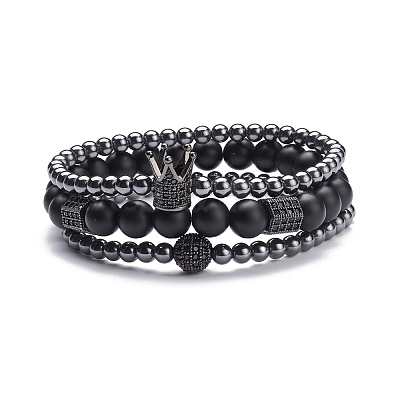 3Pcs 3 Style Round Synthetic Black Stone & Hematite Beaded Stretch Bracelets Set BJEW-JB07688-02-1