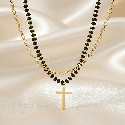 Stainless Steel Religion Cross Pendant Natural Gemstone Rondelle Beaded Double Layer Necklaces for Women PO2692-1-1