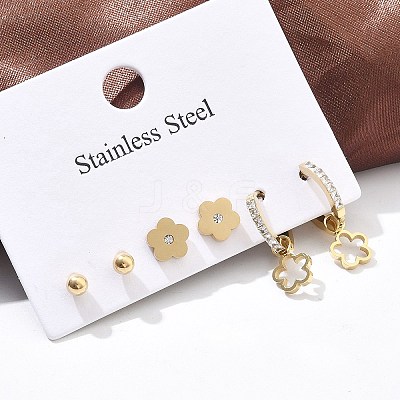 304 Stainless Steel Rhinestone Flower & Round Earring Sets EJEW-Z098-12G-1
