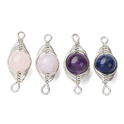 Copper Wire Wrapped Natural Gemstone Connector Charms PALLOY-JF02915-1