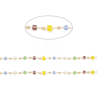 Faceted Cube Glass & Round Beaded Chains CHC-G018-03KCG-03-1
