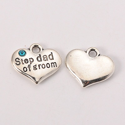 Wedding Theme Antique Silver Tone Tibetan Style Alloy Heart with Step Dad of Groom Rhinestone Charms TIBEP-N005-23A-1