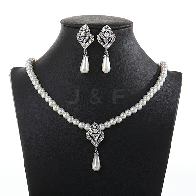 Alloy Rhinestone & Plastic Pearl Pendant Necklaces & Stud Dangle Earrings Sets FS-WGE3E8B-01-1