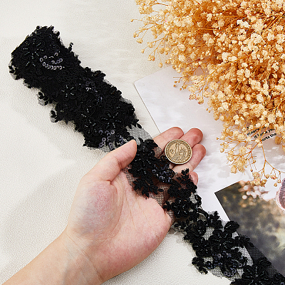2Yards Polyester Flower Embroidery Lace Trim with Glass Beads OCOR-DC0001-27B-1
