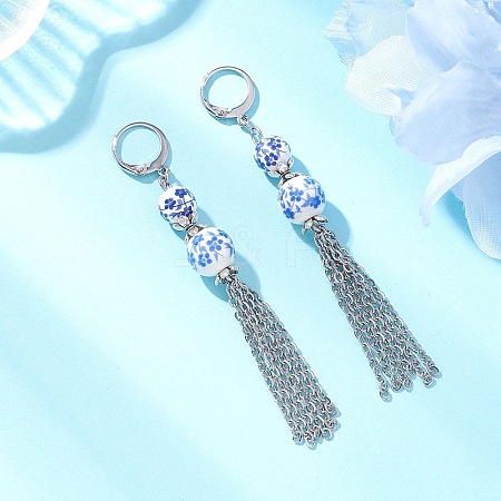 Handmade Flower Printed Porcelain Ceramic Beads Leverback Earrings EJEW-JE06893-1