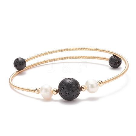 Natural Lava Rock & Pearl Round Beaded Bangle BJEW-JB08464-01-1