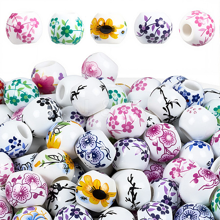 180Pcs Floral Printed Porcelain Beads PORC-LT0001-09-1