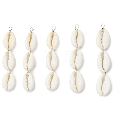 5Pcs Natural Cowrie Shell Beaded Big Pendants PALLOY-JF03807-S-1