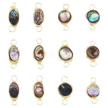 12Pcs 2 Styles Natural Abalone Shell/Paua Shell Copper Wire Wrapped Connector Charms PALLOY-AB00261-1