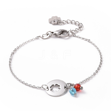 304 Stainless Steel Clover Link Bracelet with Glass Beads Charms for Women STAS-E154-08P-1