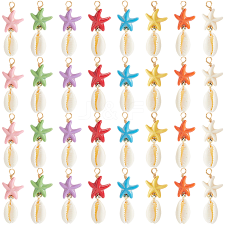 40Pcs Starfish Dyed Synthetic Turquoise & Natural Cowrie Shell Pendants PALLOY-SC0004-41-1