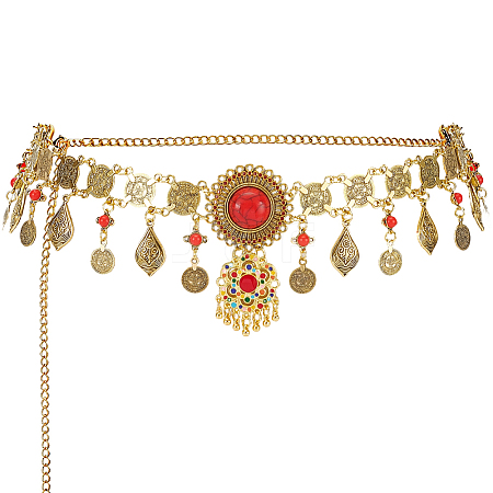 1Pc Alloy Coin Red Flower Waist Belly Chains for Dancer AJEW-GF0015-05-1