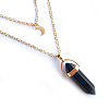 Natural Obsidian Double Terminated Pointed Bullet & Moon Alloy Pendant Double Layer Necklaces for Women WGAD714-01-1