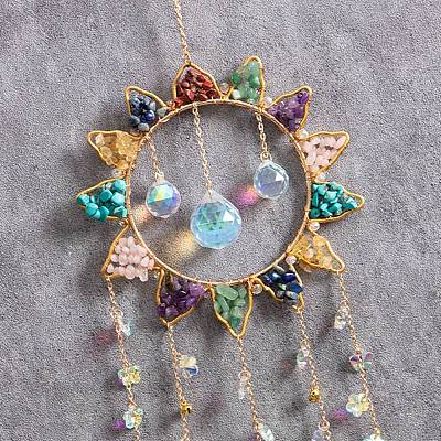 Sun Natural & Synthetic Mixed Stone Chips Hanging Suncatchers HJEW-F027-03-1