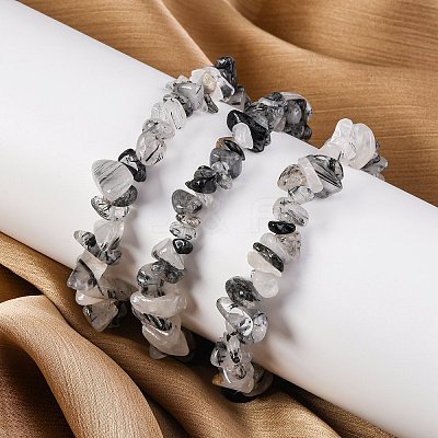 Natural Tourmalinated Quartz/Black Rutilated Quartz Stretch Bracelets X-BJEW-JB03681-01-1