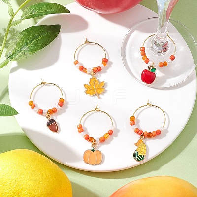 5Pcs 5 Styles Thanksgiving Day Alloy Enamel & Glass Seed Leaf Pumpkin Apple Wine Glass Decorations HJEW-JM04315-1