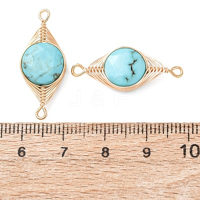 Natural Turquoise Faceted Hexagonal Cut Flat Round Links Connector Charms with Copper Herringbone Wire-Wrapped KK-Z152-07G-01-1